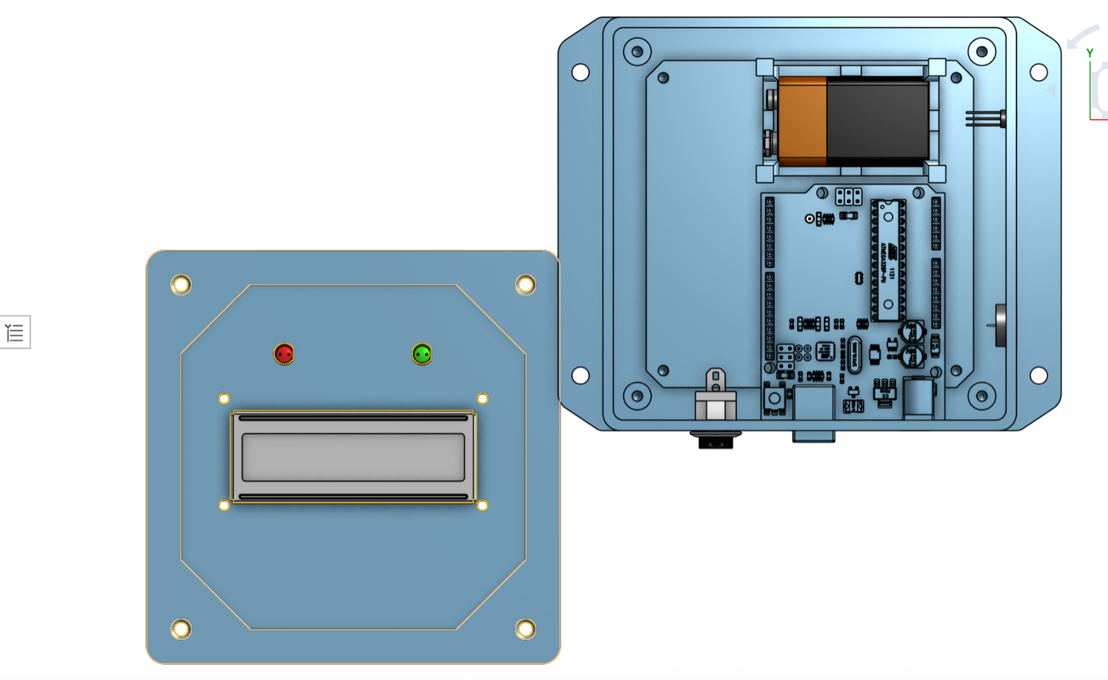 CAD render of the room temperature monitor enclosure with LCD and LEDs on the lid